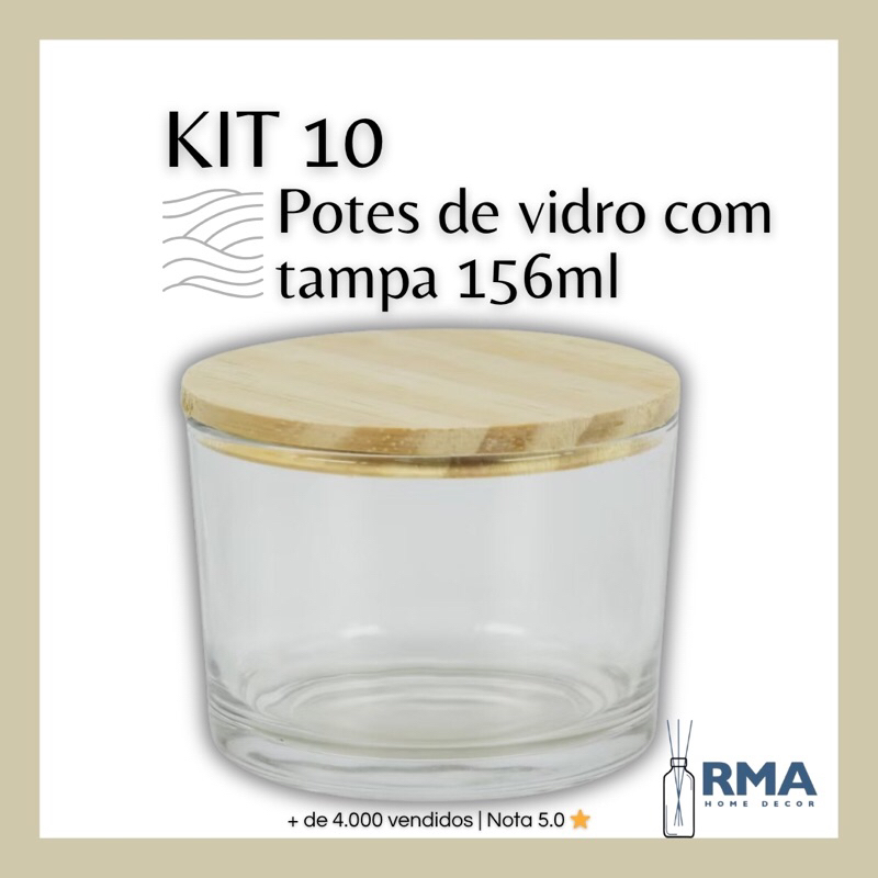 Imagem Kit 10 Potes Pote de Vidro Patê 156ml com Tampa Madeira: Vela aromatica, Temperos, Sobremesa e Castiçal Pate