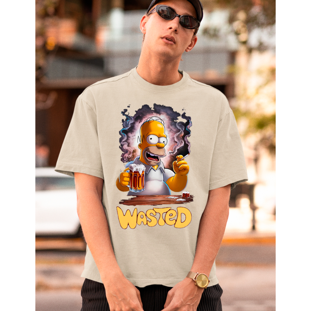 Camiseta Oversized Masculina Homer Duff Cigarro Desenho Simpson Manga Curta 100% Algodão Flanelado