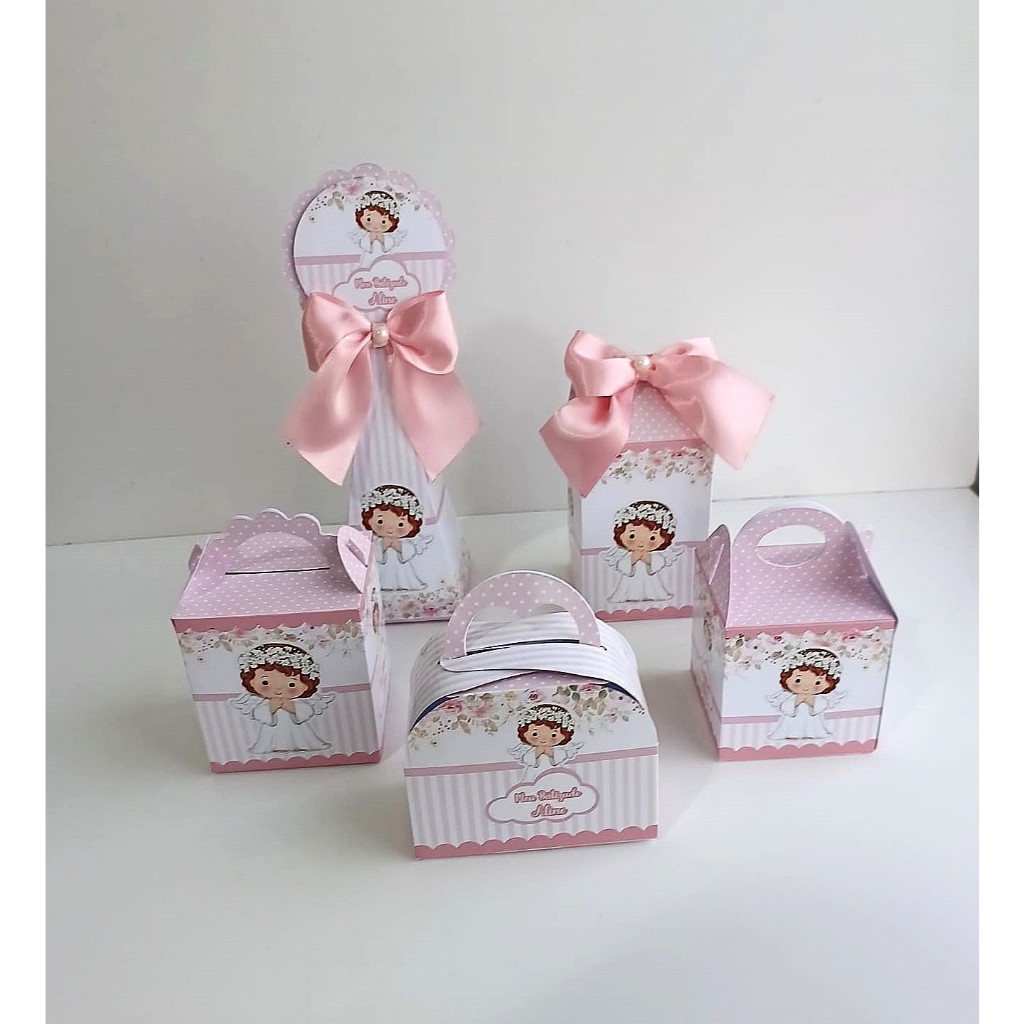 Kit Festa Caixinhas Personalizadas Batizado Rosa com Anjinha para Lembrancinha