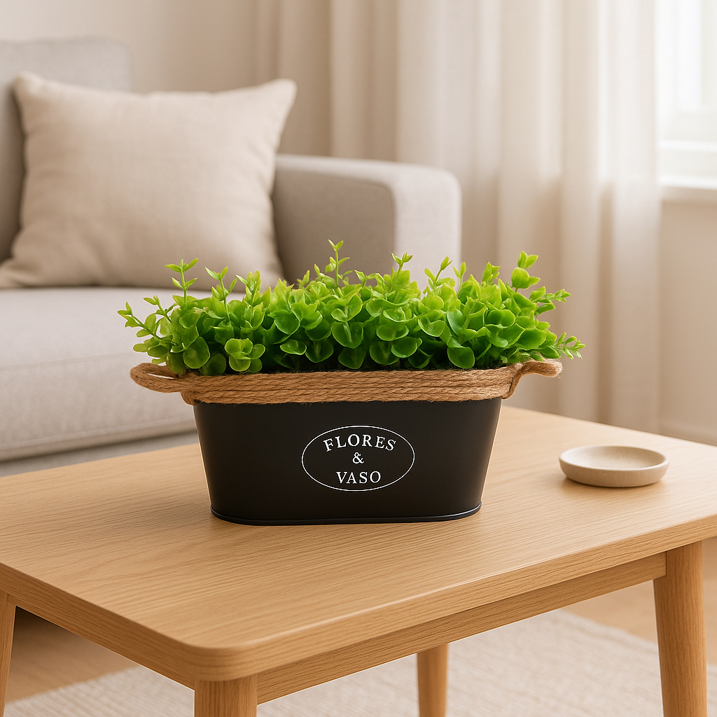 Vaso Cachepô de Metal com Alça de Sisal e Planta Artificial – Decoração Sofisticada e Prática em Oferta na Shopee