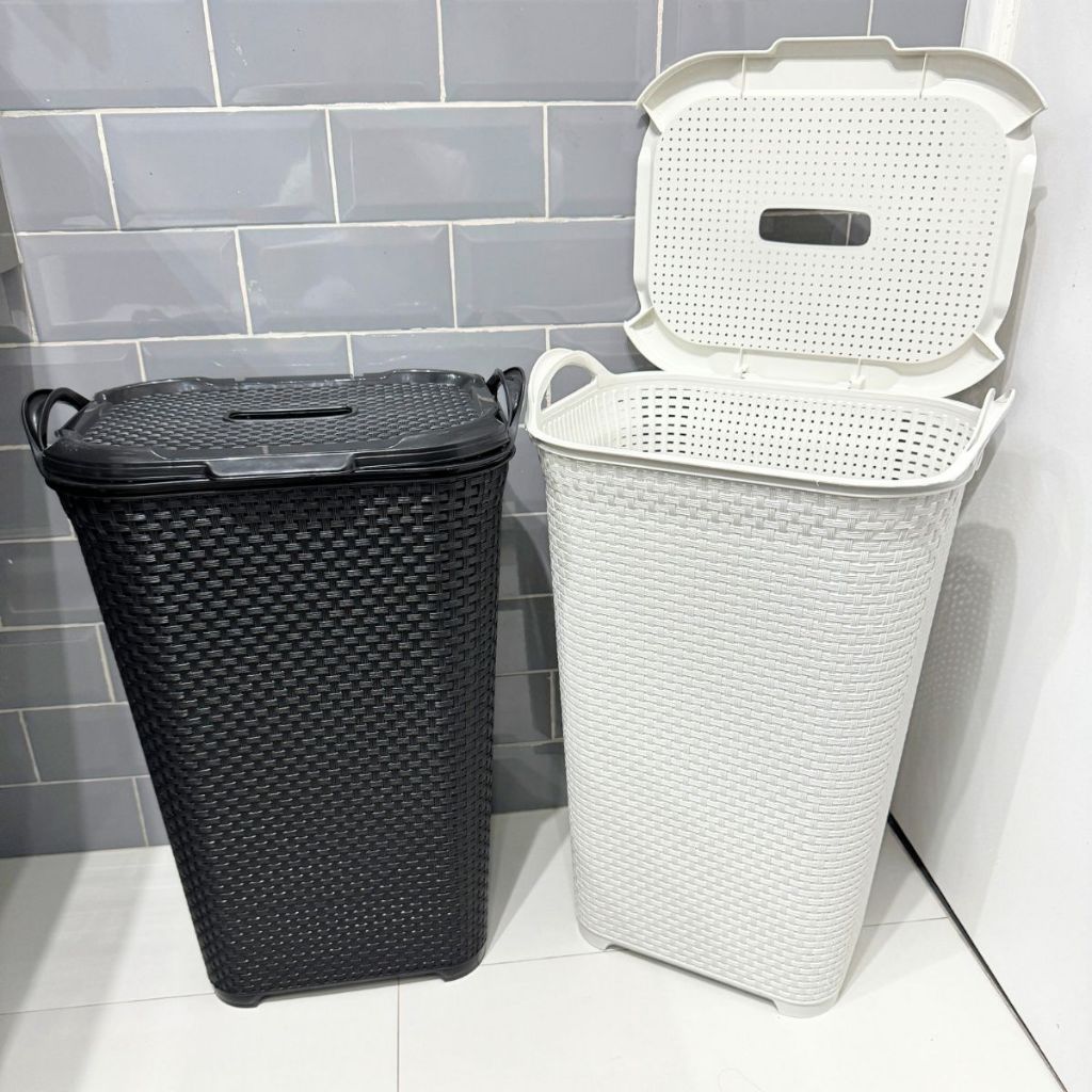 Jogo 2 Cestos de Roupa Rattan com Tampa Basculante 50L e 60L