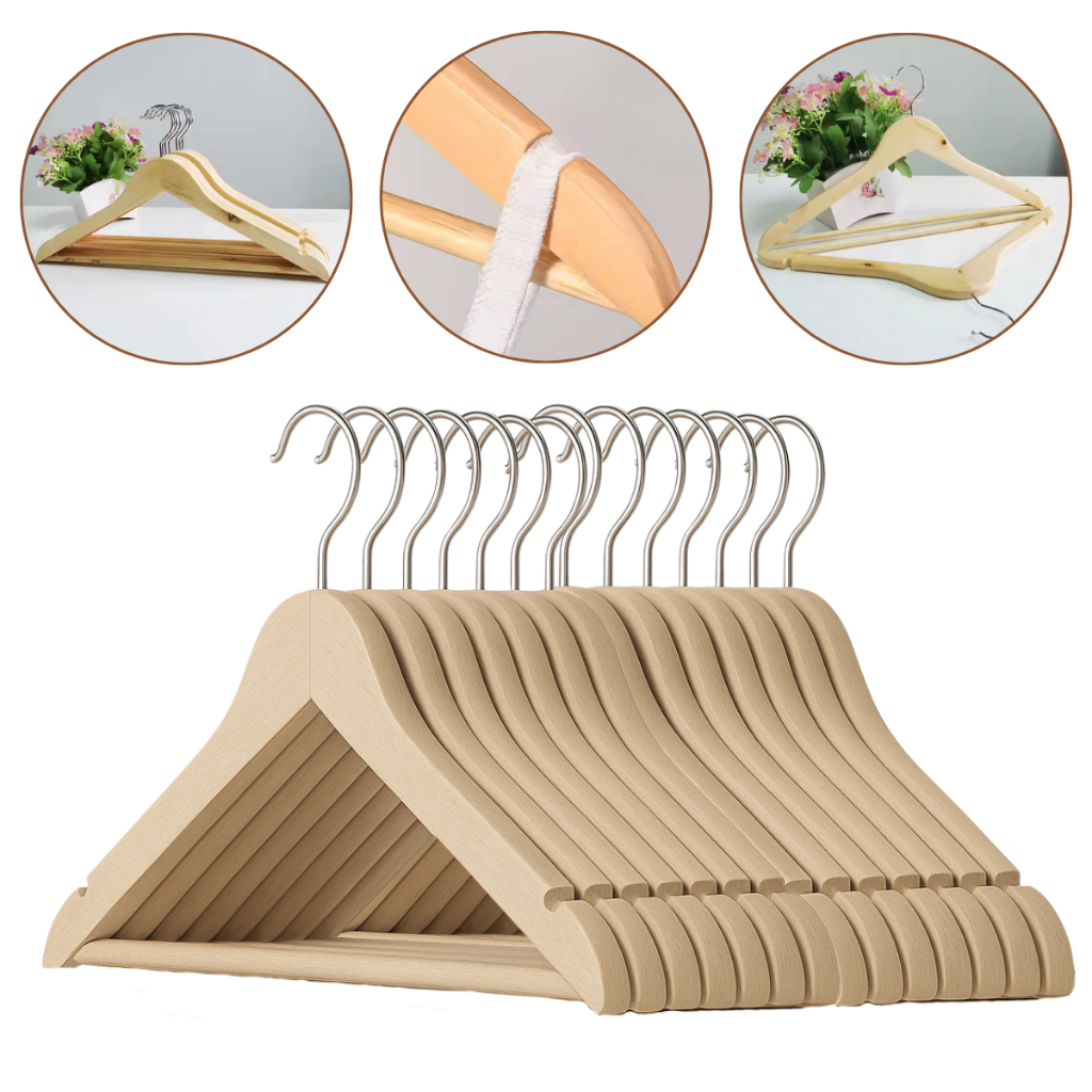 Cabide De Madeira 30 Pçs Atacado Marfim Com Barra Resistente ( Sem Verniz ) em Oferta na Shopee