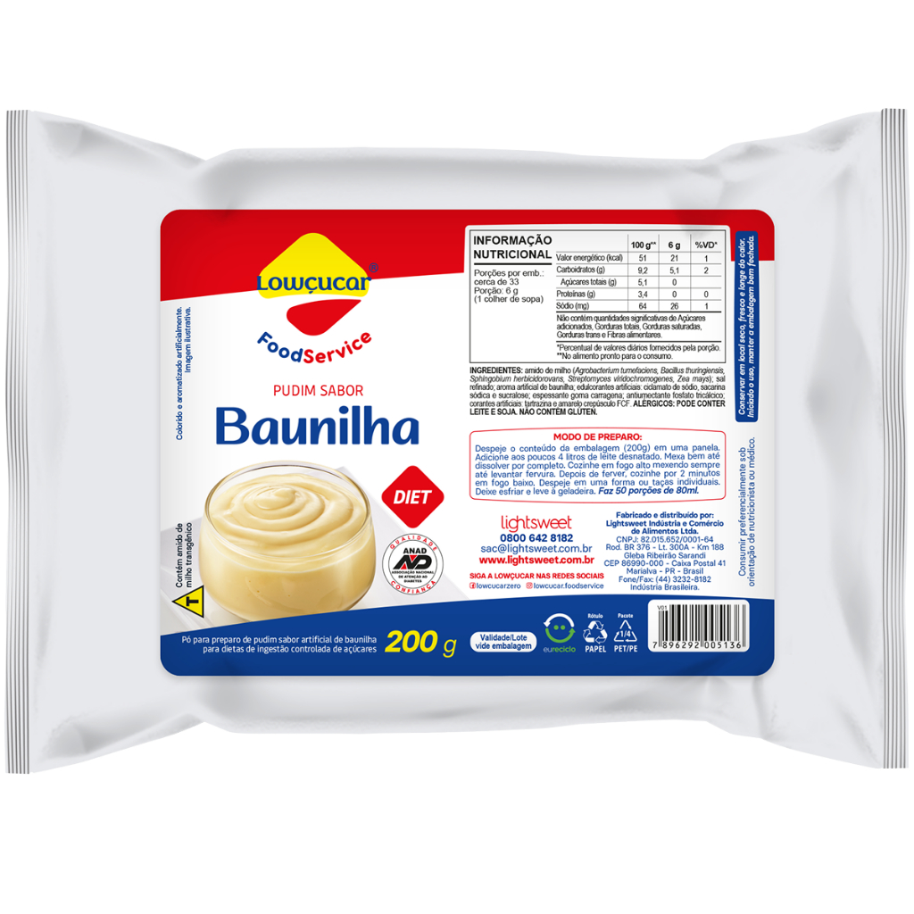 Pudim Lowcucar Food Service, Doces Diet Zero Açúcares Sabor Baunilha 200g