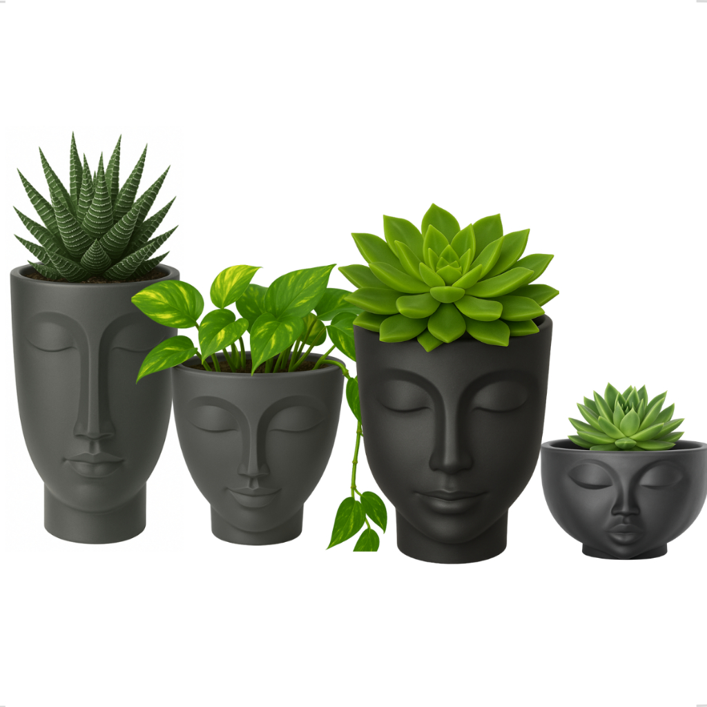 Kit Conjunto 4 Vaso Face Rosto Mulher 17cm Homem 24cm Menina 9cm Menino 21cm Preto Cachepot Cabeça