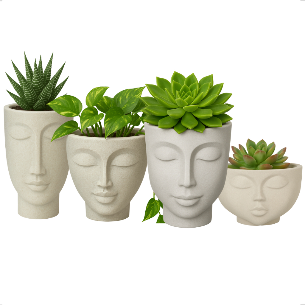 Kit Conjunto 4 Vaso Face Mulher 17 Homem 24 Menina 9 Menino 21 Cimento Cabeça Rosto Totem Cachepot