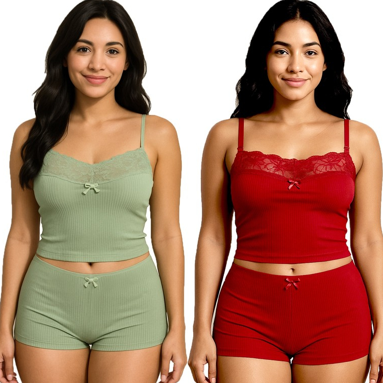 Kit 2 Baby Doll Canelado Verde/Vermelho Com Renda Confortável Com Toque Aveludado K2VVBDCRCTA065