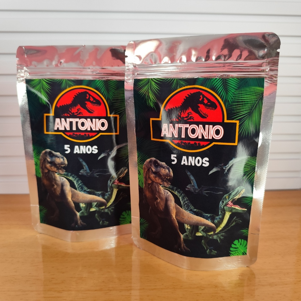 Saquinho metalizado zip lock Jurassik Park personalizado 12X19cm - saquinho para lembrancinhas