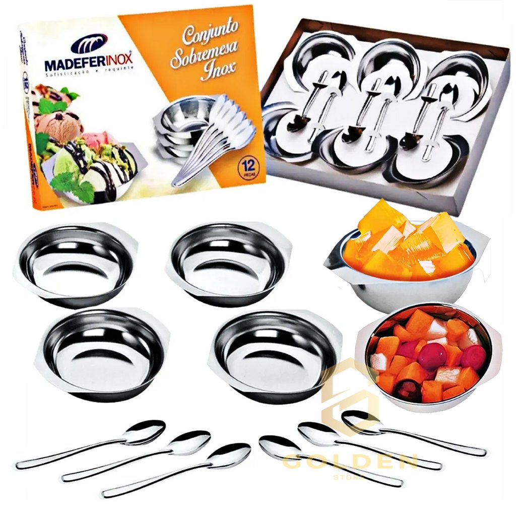 Conjunto de Sobremesa 12 Peças em Inox com Jogo de Potes Tigelas e Colheres Resistente