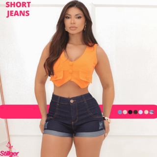 Short Jeans Feminino Cintura alta Com Lycra Levanta Bumbum Verão 2026 Stillger em Oferta na Shopee