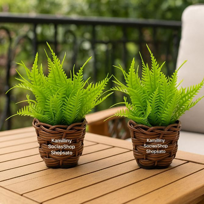 Mini Arranjo Samambaia Artificial + Mini Vaso de Vime 5cm Decoração De Mesa, Arranjos Decorativos Pequenos