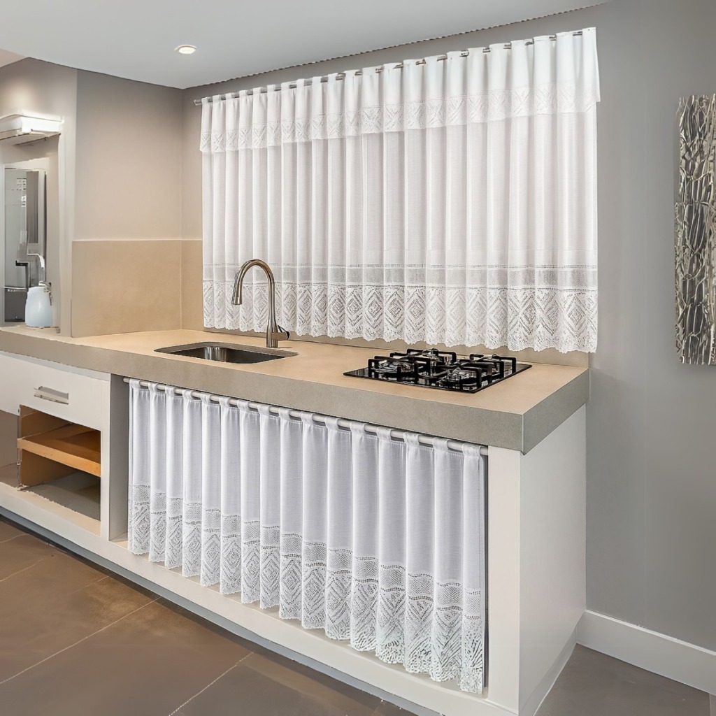 Kit Cortinas de Cozinha janela e Pia Renda Tulipa Branca em Oferta na Shopee