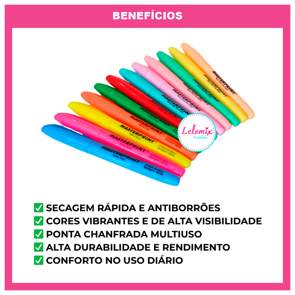 Kit 12 canetas canetinhas Marca Texto coloridas Masterprint (6 Neon + 6 pastel) Material escolar em Oferta na Shopee