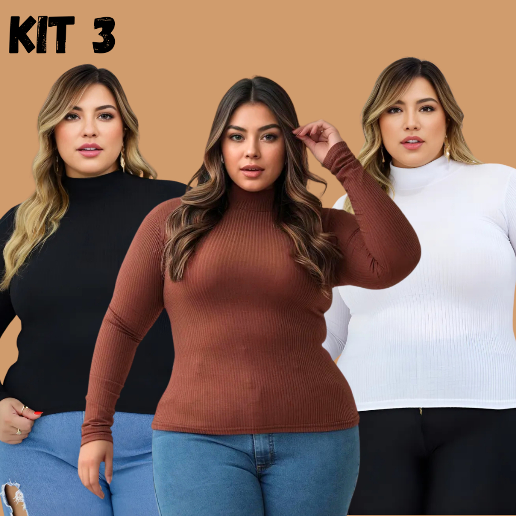 Kit 3 Blusas Cacharrel Canelada de Inverno Feminina Plus Size Elegante Grossa de Frio