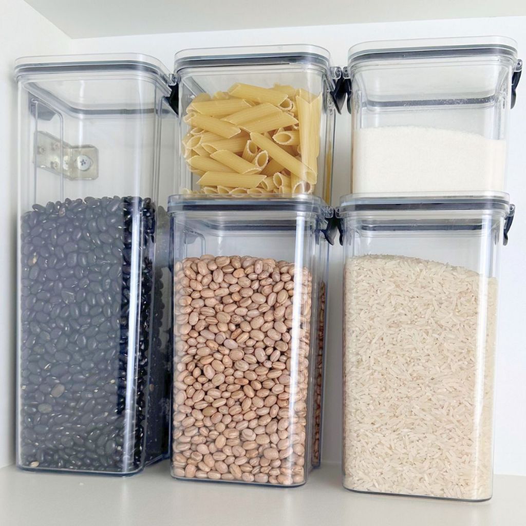 KIt 5 Potes Hermeticos Acrilico Cristal Com Trava Empilháveis Porta Mentimentos Comcpt