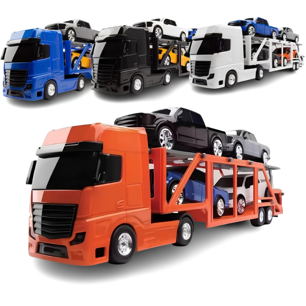 Caminhão Cegonheira Cegonha com 4 Pick-ups 32 cm - Roma Brinquedos De Menino - Carrinho Miniatura