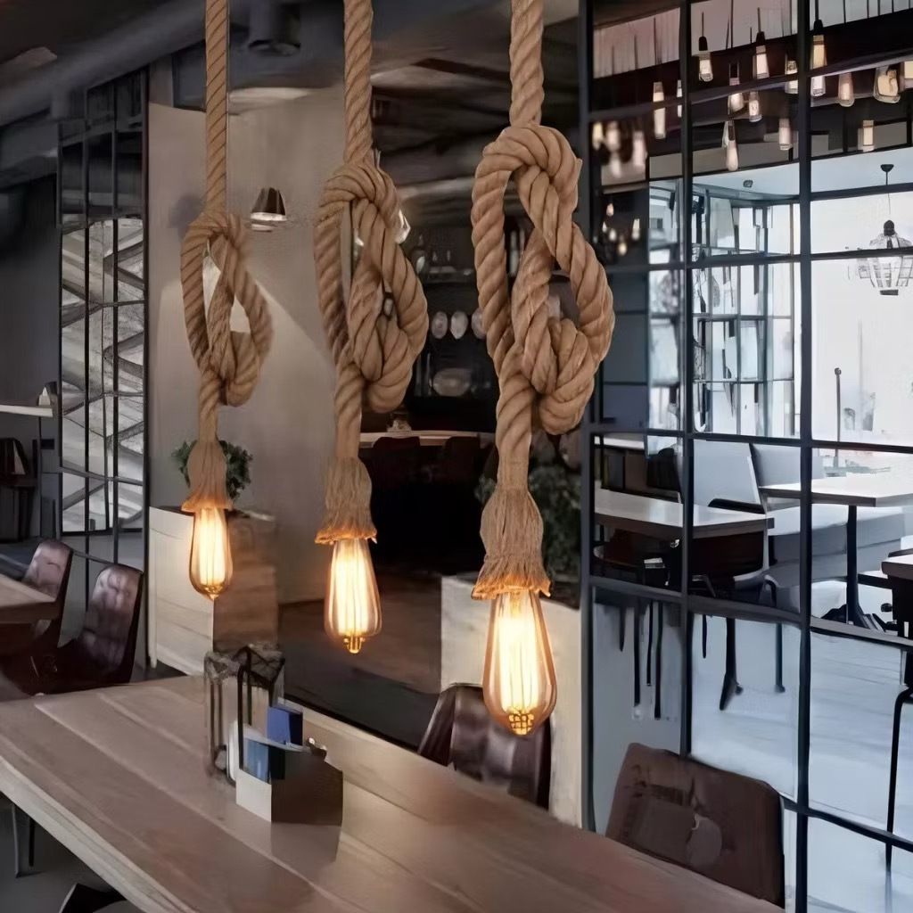 Corda de cânhamo pingente luzes vintage retro pendurado lâmpada e27 decoração industrial casa restaurante luminária edis em Oferta na Shopee