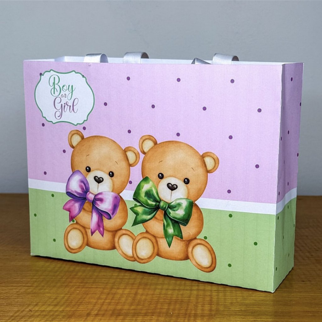 Sacolinha Personalizada Chá Revelação Ursinho Lilás e Verde