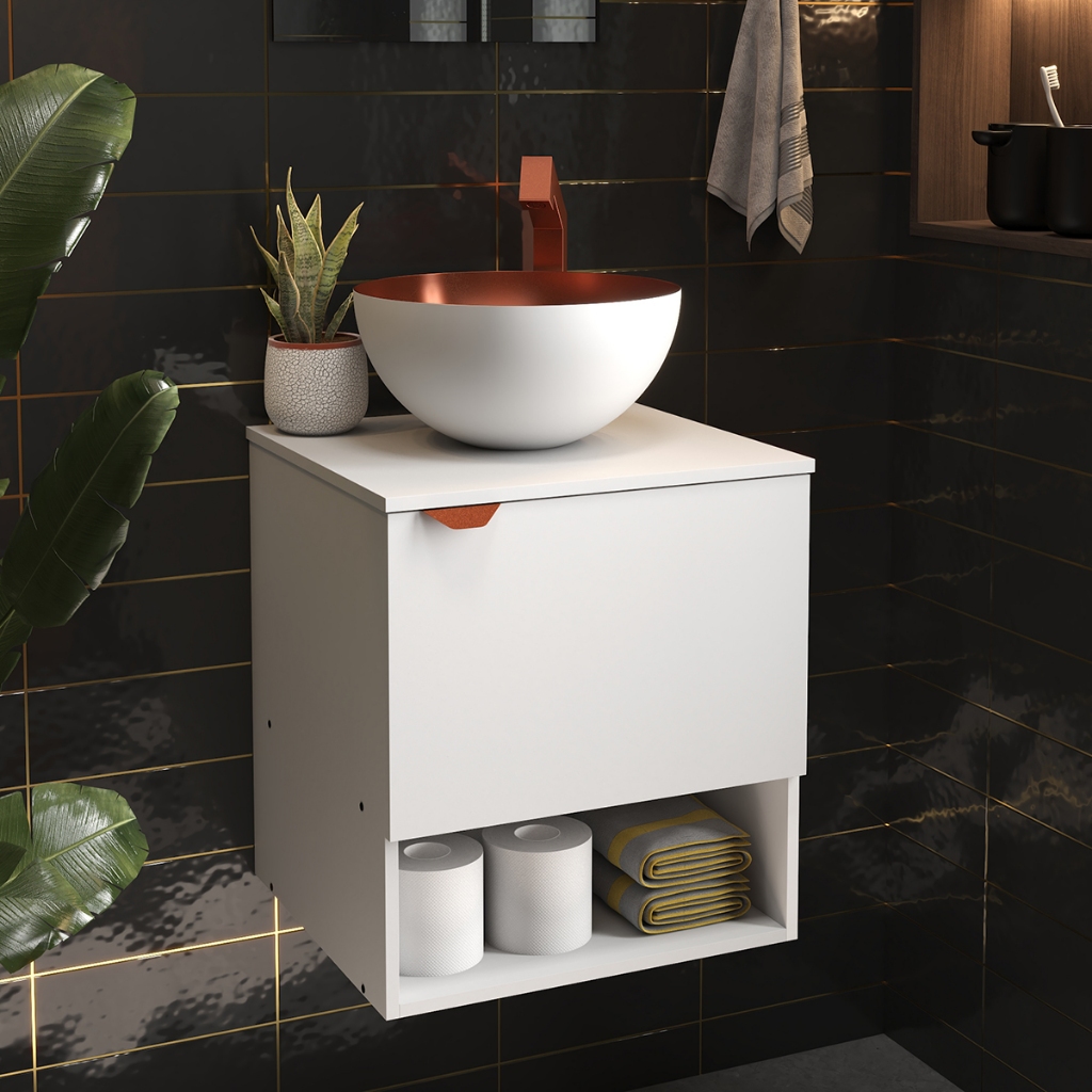 Armário Gabinete Suspenso De Banheiro Com espelho e Cuba Compacto Design Moderno Mod: Tex