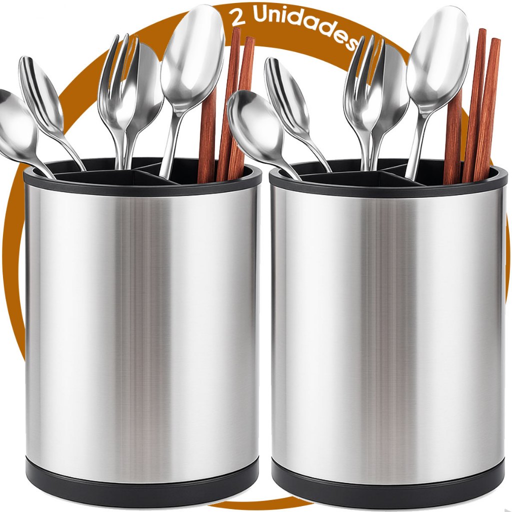 Kit 2 Porta Talheres Organizador Utensílios Escorredor Giratório Inox Lcrshop Luxo Pia Mesa