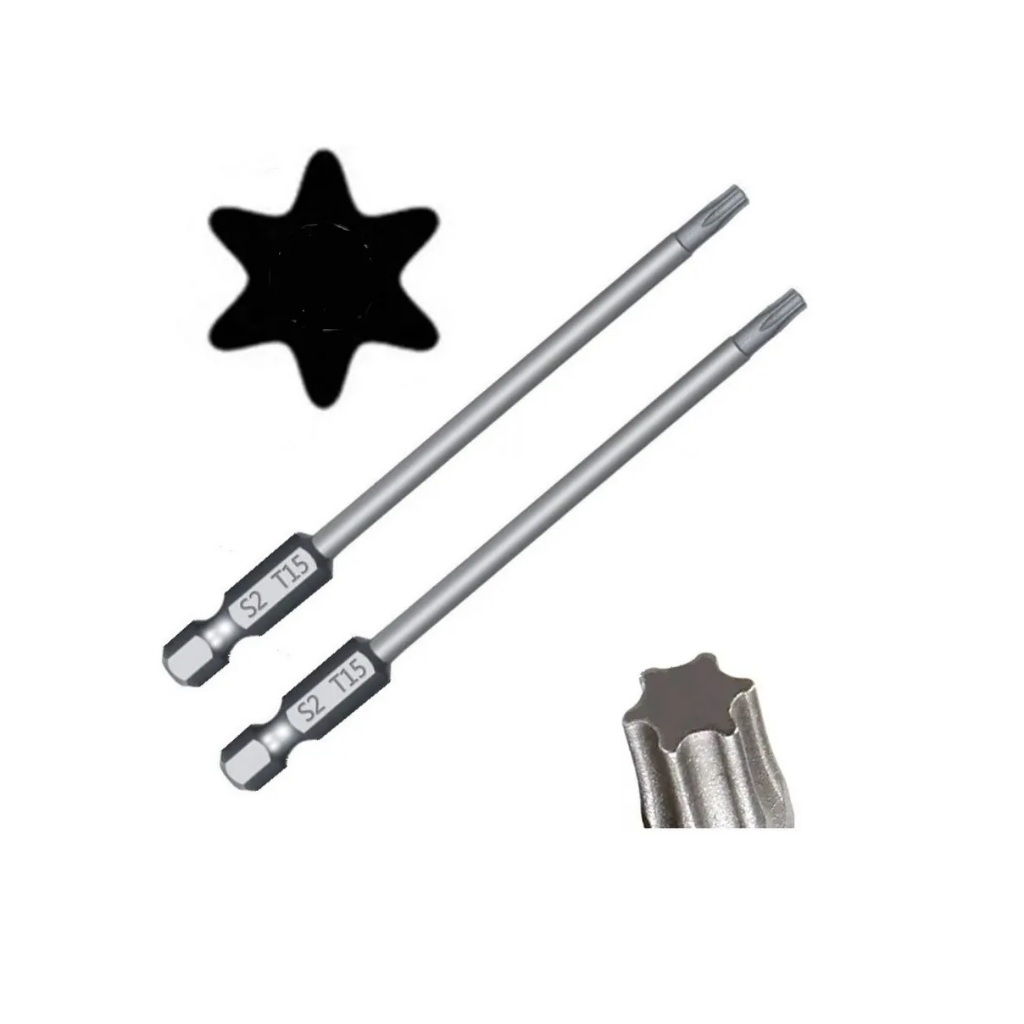 2 Ponteiras Bits Torx Longa Ponta T15 x 75mm Para Parafusadeiras