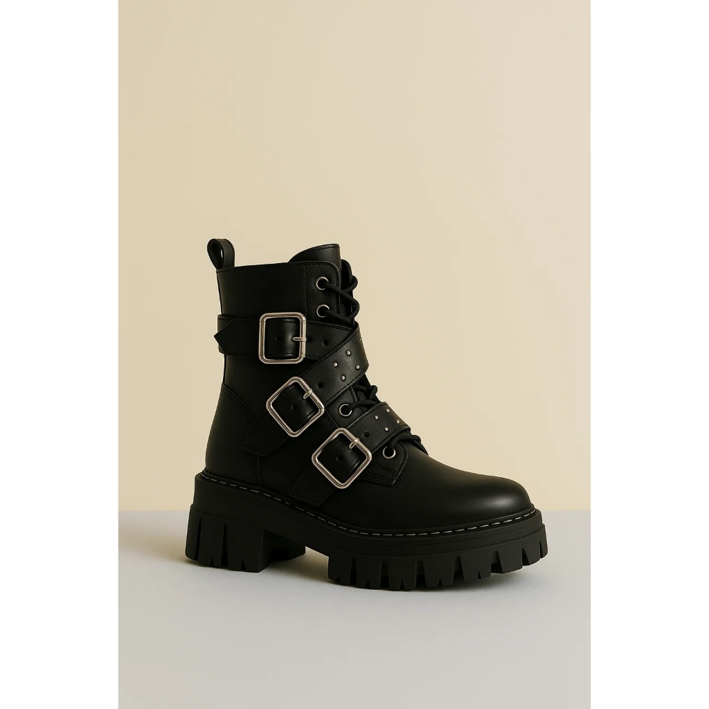 Coturno Feminino Tratorado com Fivelas – Cano Médio, Solado Plataforma, Estiloso e Confortável