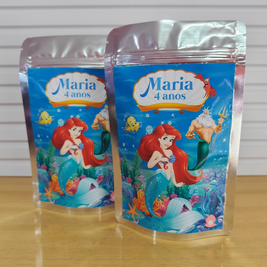 Saquinho metalizado zip lock Ariel pequena sereia personalizado 12X19cm/saquinho para lembrancinhas/ LEIA A DESCRIÇÃO
