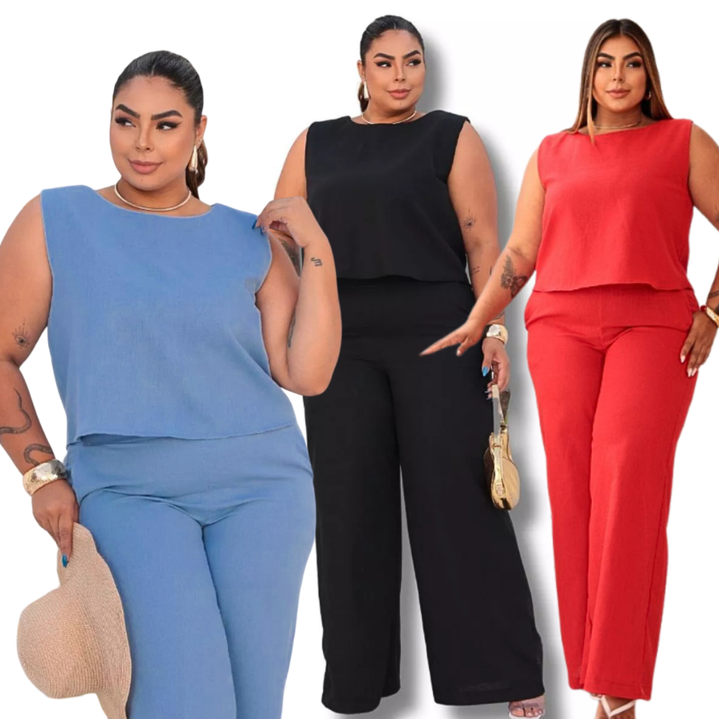 Conjunto Feminino em Linho Plus Size e Slim Alfaiataria Social Calça Pantalona Wide Leg e Blusa Elegante Natal Ano Novo