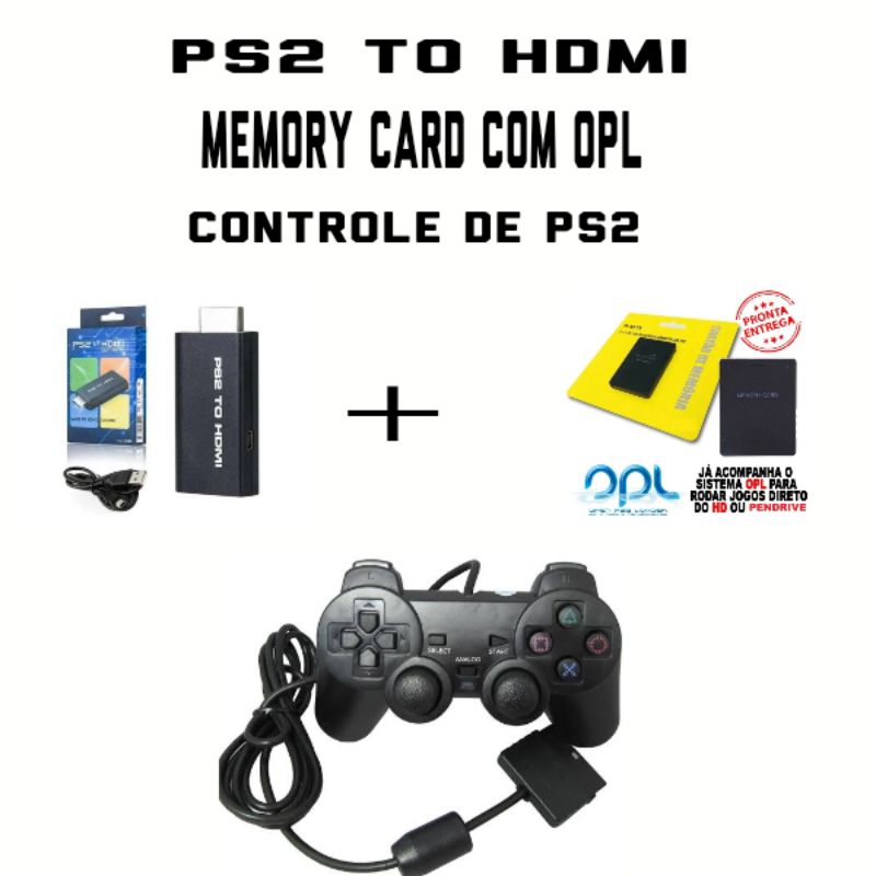 Combo Kit para Playstation 2 Cabo adaptador PS2 to HDMI + memory card com Opl instalado+ Controle play 2 com fio+adesivo