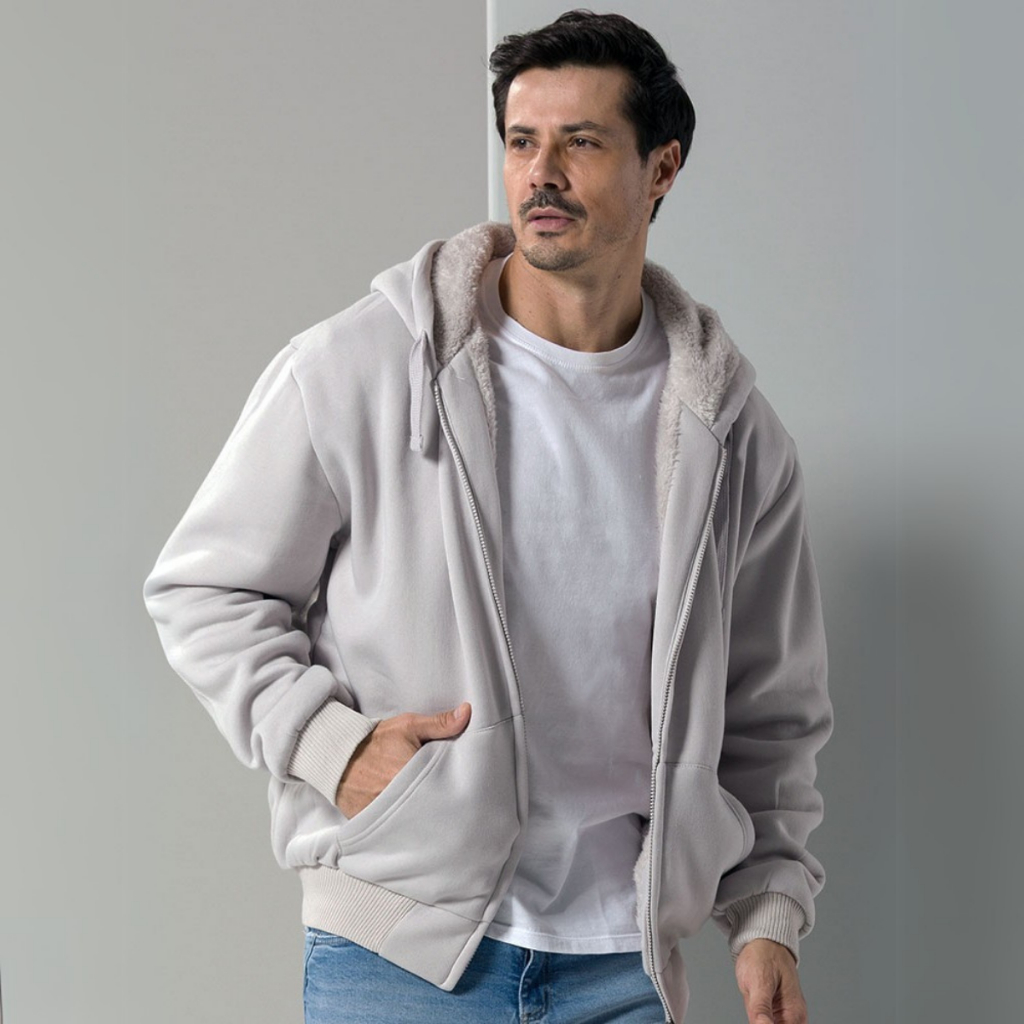 Jaqueta Masculina Moletom Peluciado com Capuz Ajustavel Bolso Frontal Punho Canelado Casaco