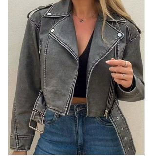 Moda Feminina Jaqueta Couro Vintage estonado Com Fivela Modelo Biker  Tendencia 2025