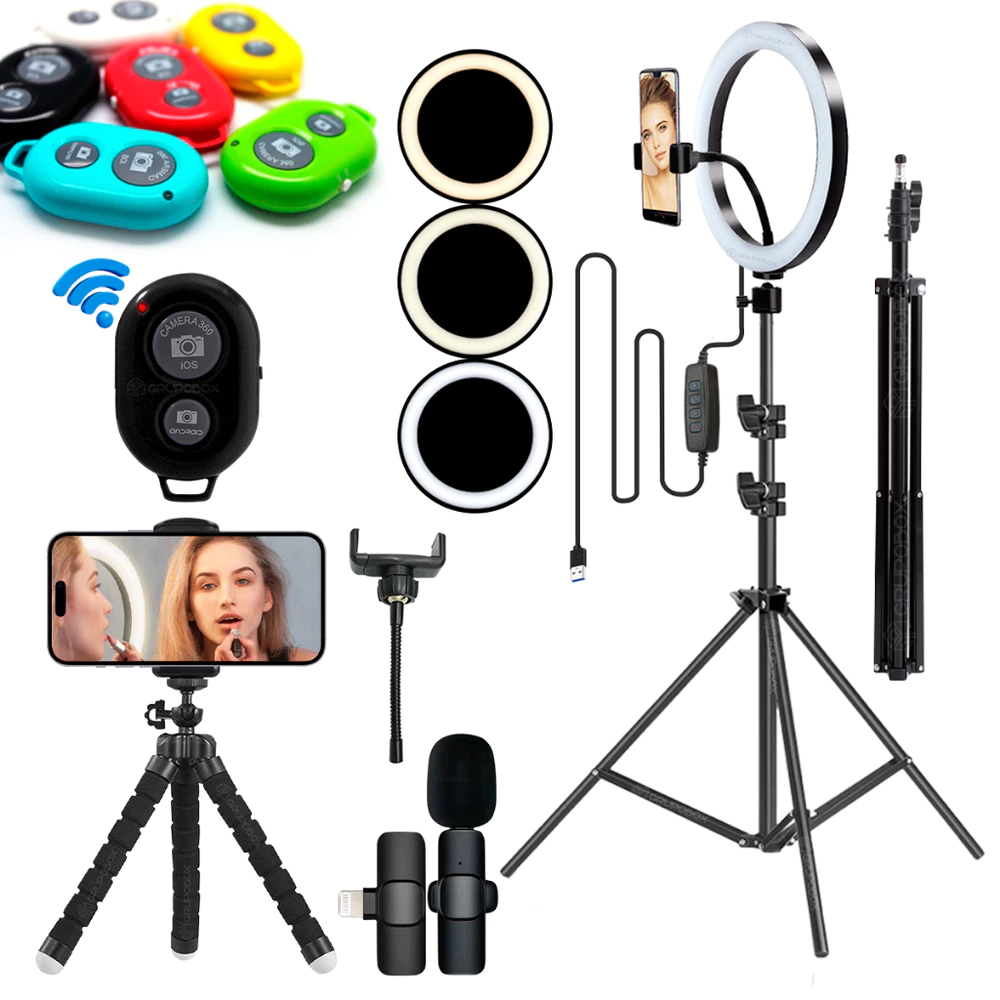 Kit Youtuber Ring Light 10 Polegadas Tripé 2,10 Microfone Lapela Sem Fio Anti Ruido Android Iphone