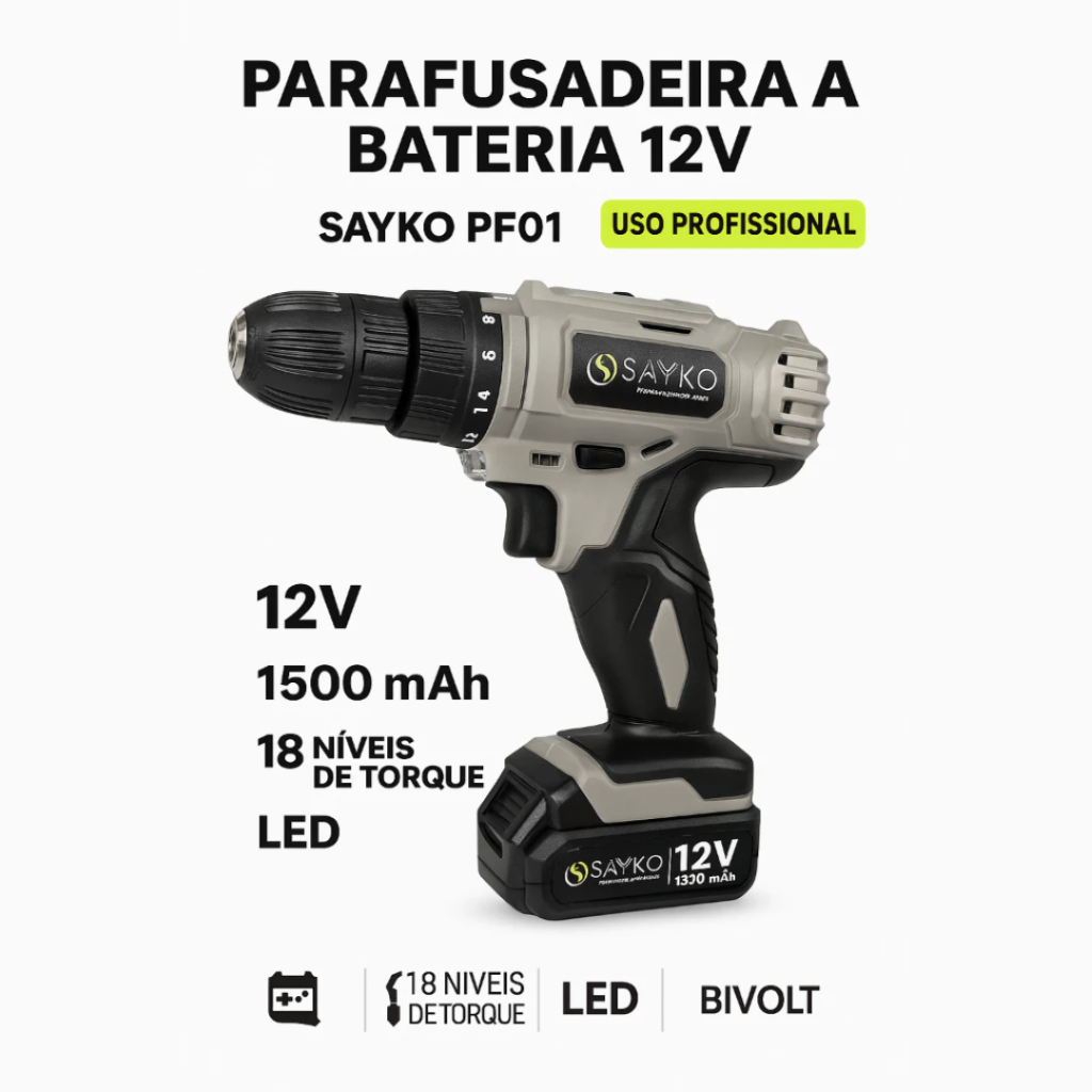 Parafusadeira Furadeira Sem Fio com Bateria 12v 3/8 10mm com Maleta SAYKO