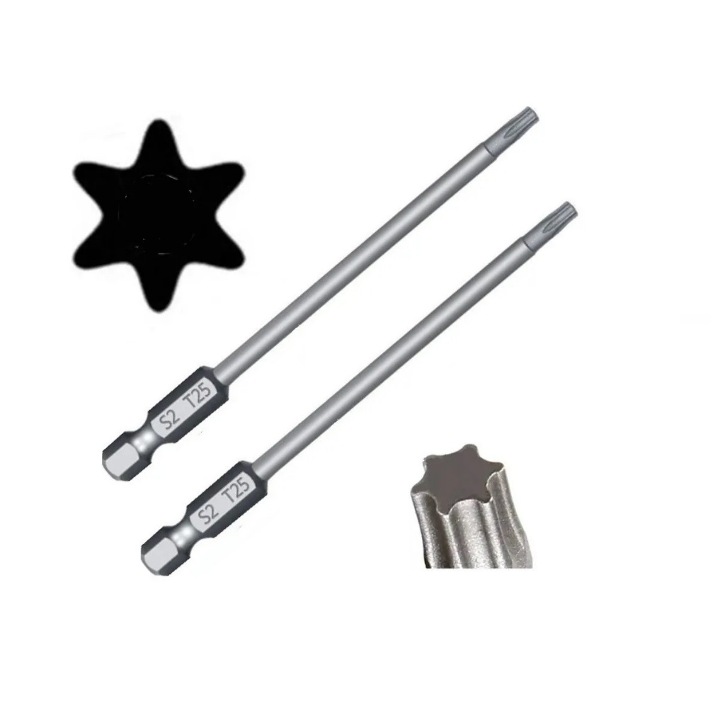2 Ponteiras Bits Torx Longo Ponta T25 x 75mm Para Parafusadeiras