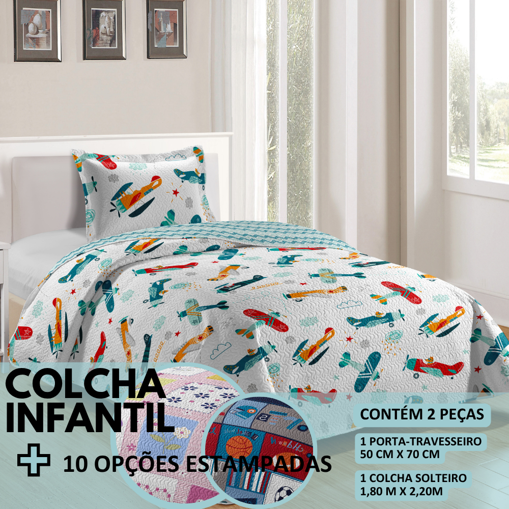Colcha Cobre Leito Infantil Solteiro Menina Menino Teen Patchwork 2 Peças Estampada Rozac
