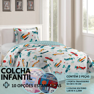 Colcha Cobre Leito Infantil Solteiro Menina Menino Teen Patchwork 2 Peças Estampada Rozac
