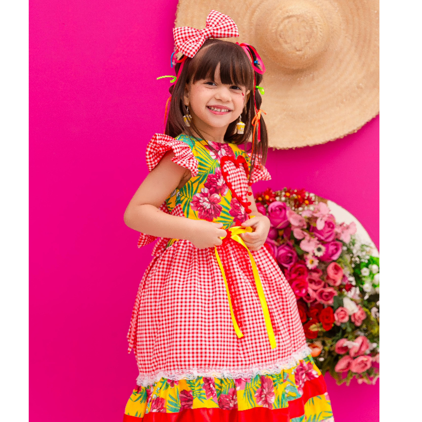 Vestido Festa Junina Infantil Luxo Tricoline com Chita - Xadrez com Flores