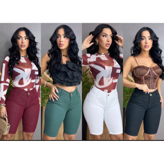 Bermudas Ciclista Feminina Colorida Cós Alto Modelagem com Pinça em Oferta na Shopee