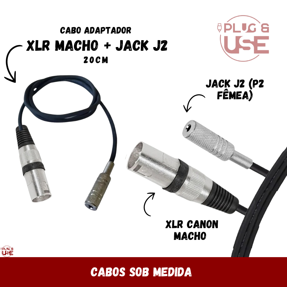Cabo Adaptador Xlr macho + Jack J2 (p2 Fêmea) De 20cm em Oferta na Shopee