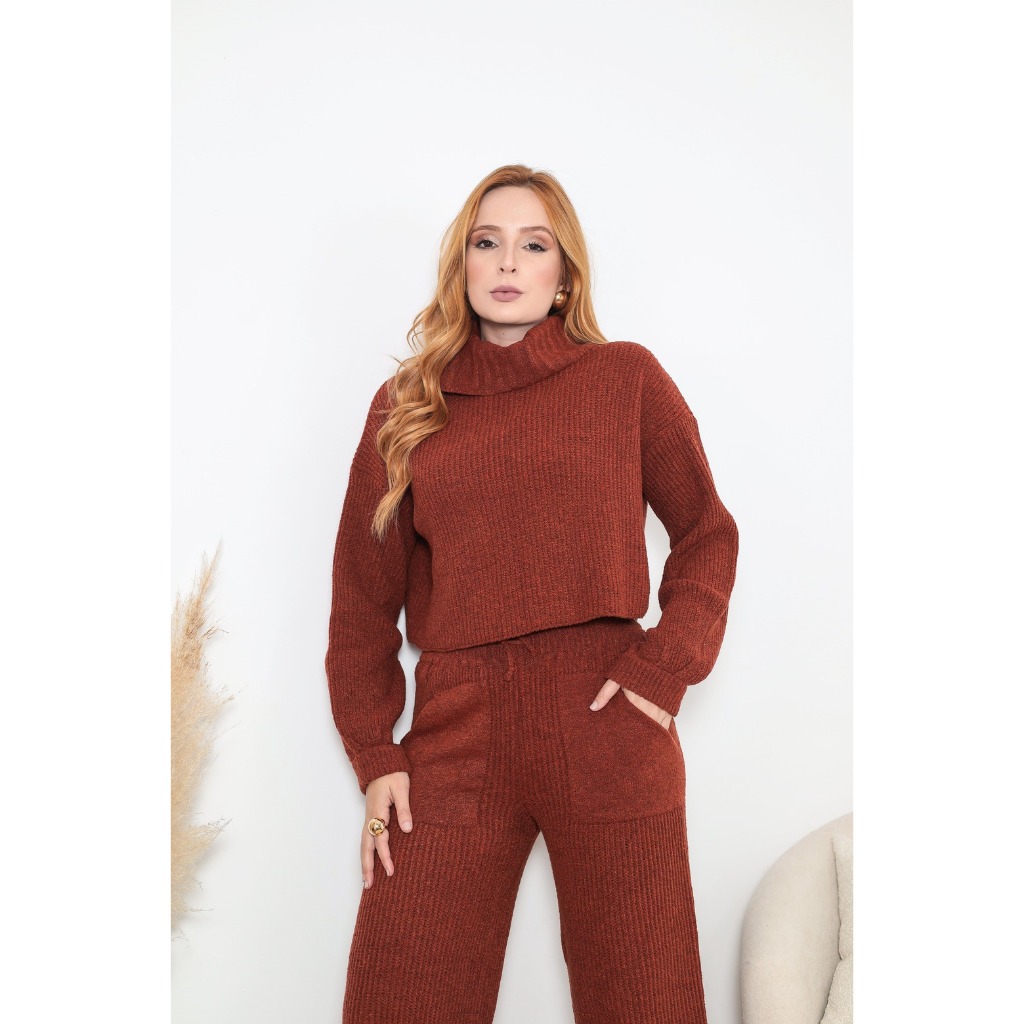 Detalhes do Conjunto Tricot Mousse Inverno – Calça Pantalona com Bolso Faca e Cropped Manga Longa