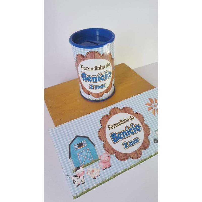 Rótulo Adesivo para personalizar cofrinho Fazendinha Menino Azul Lembrancinha Festa Infantil | Fazemos outros temas
