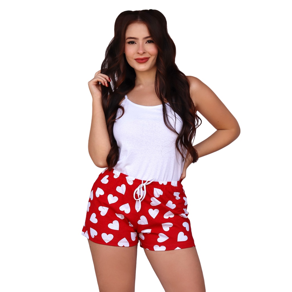 Conjunto Pijama Feminino Adulto Short + Blusa 100% Algodão