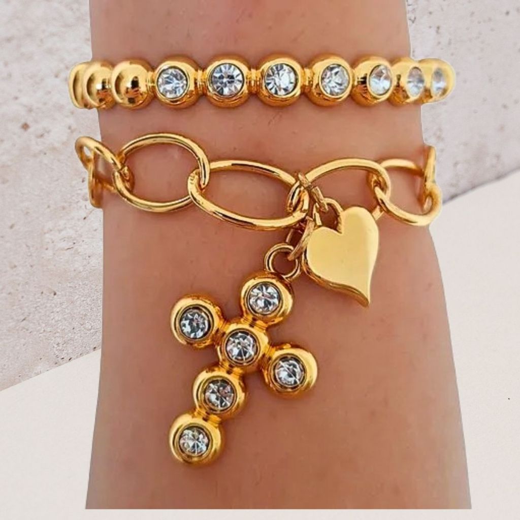 Mix Bracelete Cravejado Com Zirconia Pulseira Corrente Elos Pingente Crucifixo Dourado