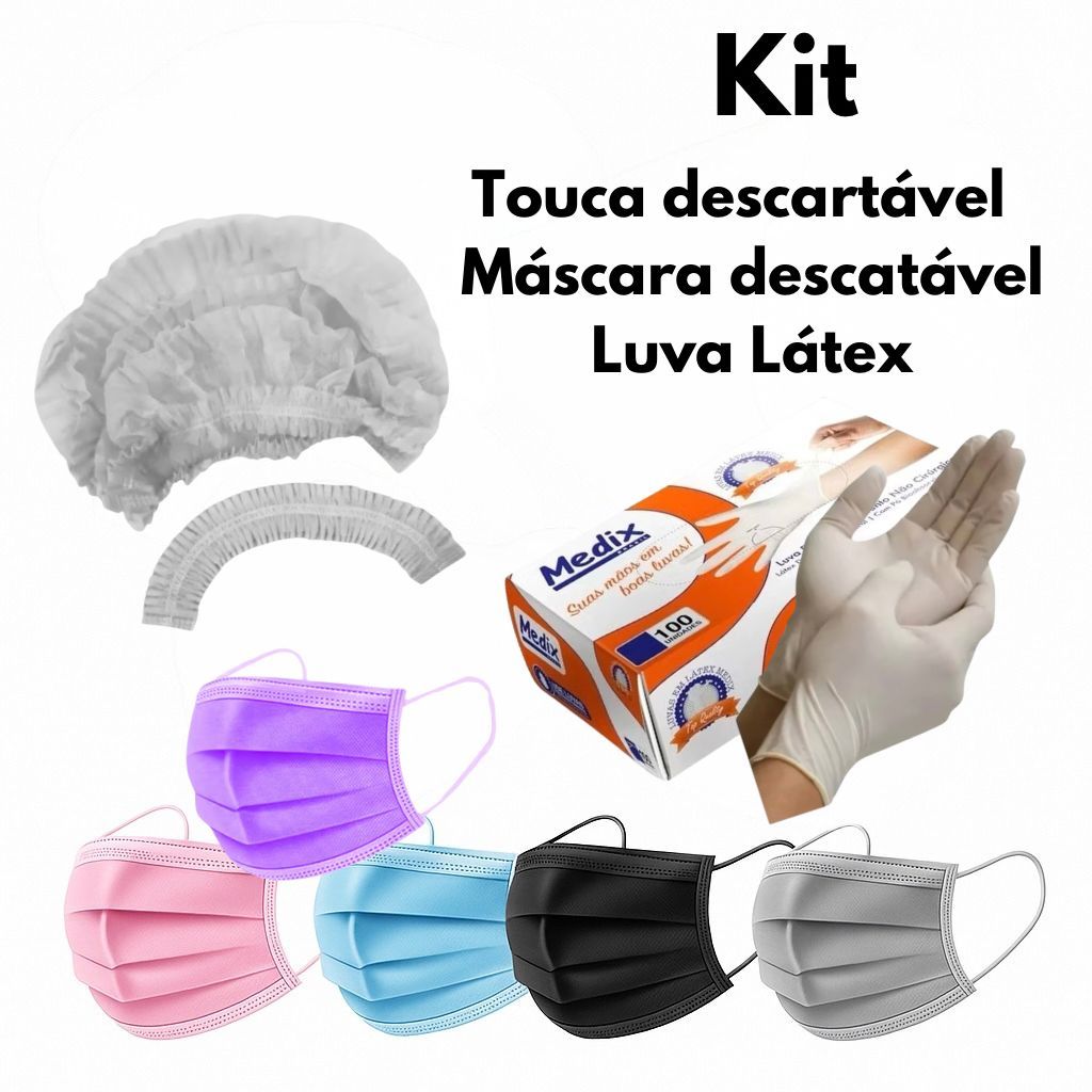 Kit 100 Touca TNT Branca + 100 Luvas Látex Com Pó + 100 Máscaras Descartáveis Com Clipe Nasal