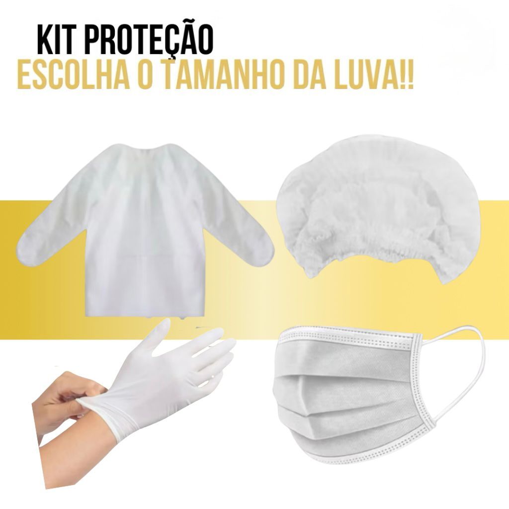 Kit 10 Avental Descartável TNT Gr 20 + 100 Toucas Descartáveis + 100 Máscaras Brancas + 100 Luvas Látex Com Pó USO GERAL