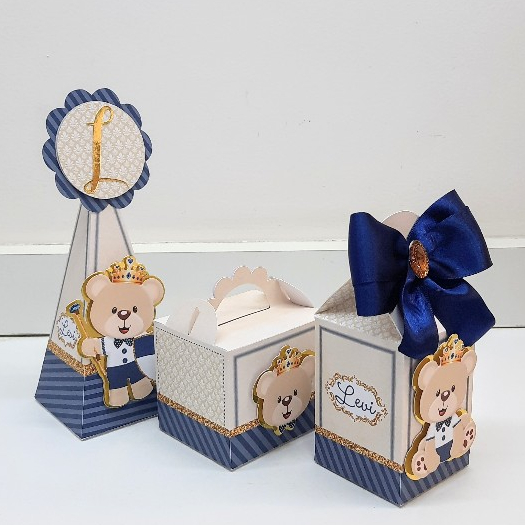 Kit Caixinhas Personalizadas Ursinho Príncipe Realeza|Lembrancinhas para Festas com laço e aplique