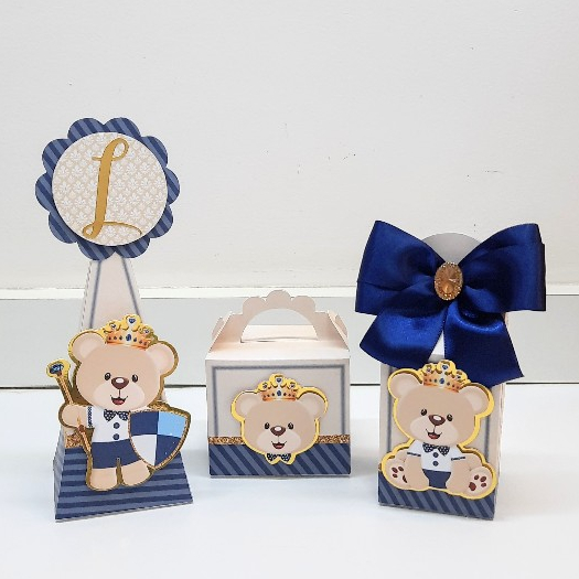 Kit Caixinhas Personalizadas Ursinho Príncipe Realeza|Lembrancinhas para Festas com laço e aplique