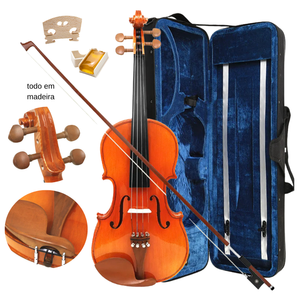 Violino 4/4 Todo Em Madeira Cavalete Acústico + Arco E Breu