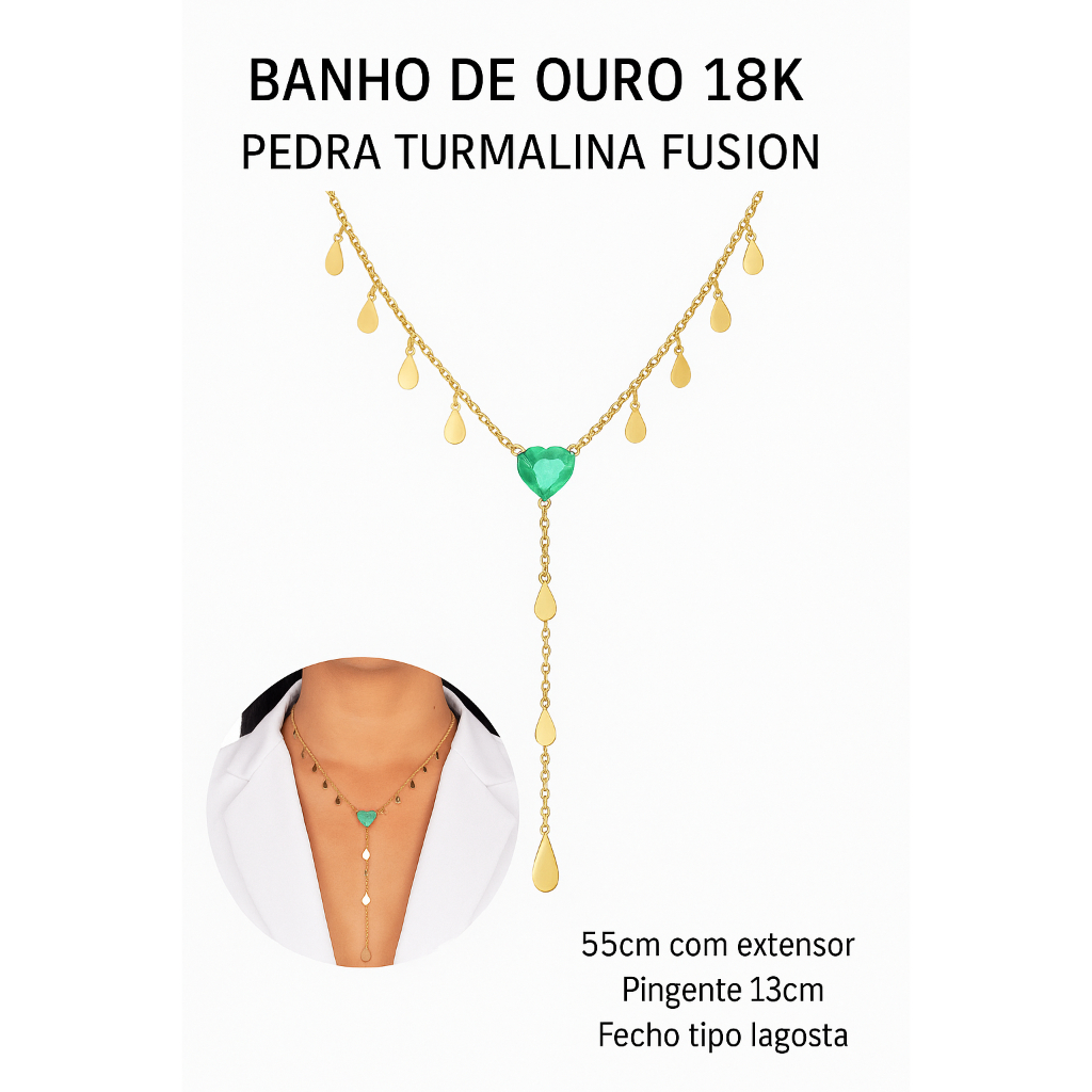 COLAR GAZIN GRAVATA GOTA COM CORAÇÃO TURMALINA FUSION – SEMIJOIA GAZIN BANHADA A OURO 18K