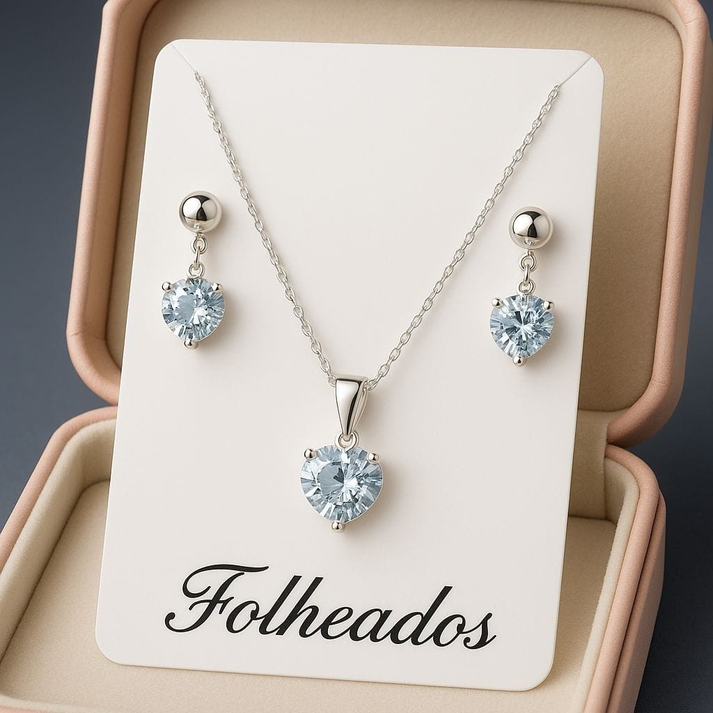 Kit Colar + Brinco Coração Zircônia Folheado a Prata Delicado Feminino