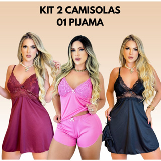 Kit 2 Camisolas 1 Baby Doll Sensual Feminino Traje De Dormir Pijama Sem Bojo Com Calcinha Fio Dental em Oferta na Shopee